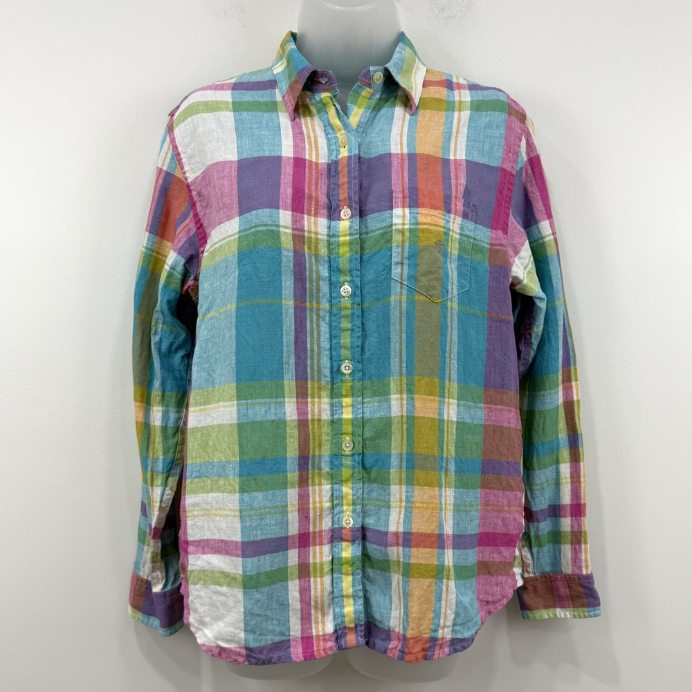 VTG 90s Lauren Ralph Lauren 100% Linen Madras Shirt Womens M Preppy Nantucket